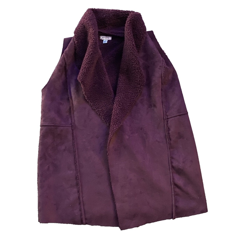 Susina Faux Shearling Vest Maroon Faux Suede Open Front Women's XS